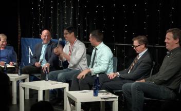 Gene Yang, Jon Scieszka, Jack Gantos, Jeff Kinney, and Jarrett Krosoczka in a panel discussion