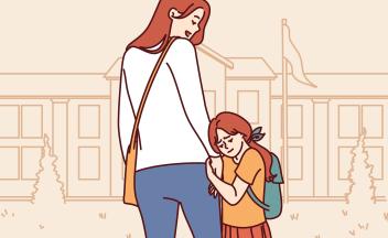 Illustration of parent with child reluctant to go to school