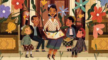 Librarian Pura Belpre reading a book to children on library steps