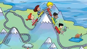 Multicultural group of kids riding an open train across land and mountains