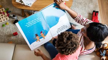 Birds-eye view of mother at home reading picture book to young child