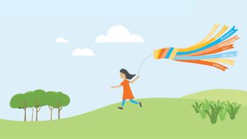 Colorful illustration of girl with streamer kite running across a hilly green space