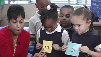 teacher and kindergarten students demonstrating sound parts in words