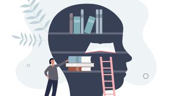 illustration of head filled with bookshelves and books