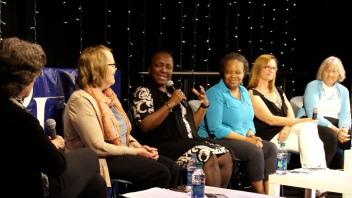young people's book creators Katherine Paterson, Rita Williams-Garcia, Jeannine Atkins, Heather Lang, and Ekua Holmes in a panel discussion