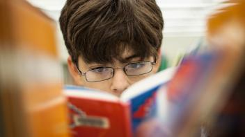 Elementary school boy choosing graphic novel from library shelf