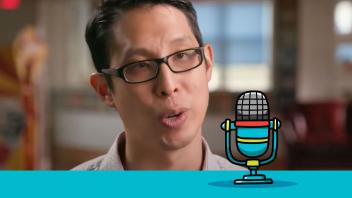 Graphic novelist Gene Yang video still with microphone graphic