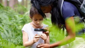 Mother and daughter looking at pine cones with magnifying glass outside