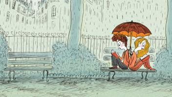 Two people reading a book in the rain on a park bench with an umbrella overhead