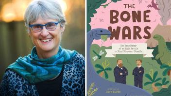 Children's nonfiction author Jane Kurtz with cover of her book The Bone Wars