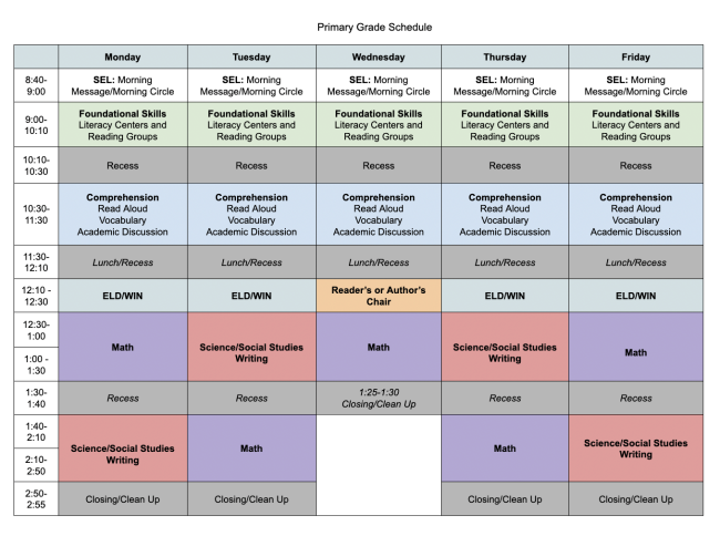 Primary grade class schedule