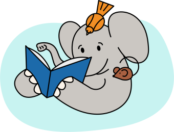 Illustration of elephant reading book with bird and mouse