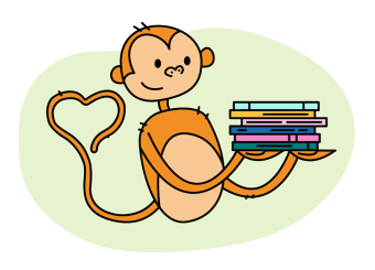 Illustration of a monkey holding a stack of picture books